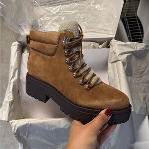 MARC FISHER // Brown Suede Shearling Lace Up Ankle Boots